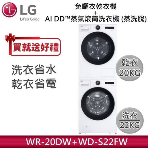 LG 樂金 22KG AI DD蒸氣滾筒洗衣機 蒸洗脫 WD-S22FW 冰瓷白+AI 20KG 乾衣機 WR-20DW