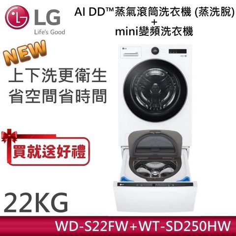 LG 樂金 22KG AI DD蒸氣滾筒洗衣機 蒸洗脫 WD-S22FW 冰瓷白+2.5KG迷你洗衣機 WT-SD250HW