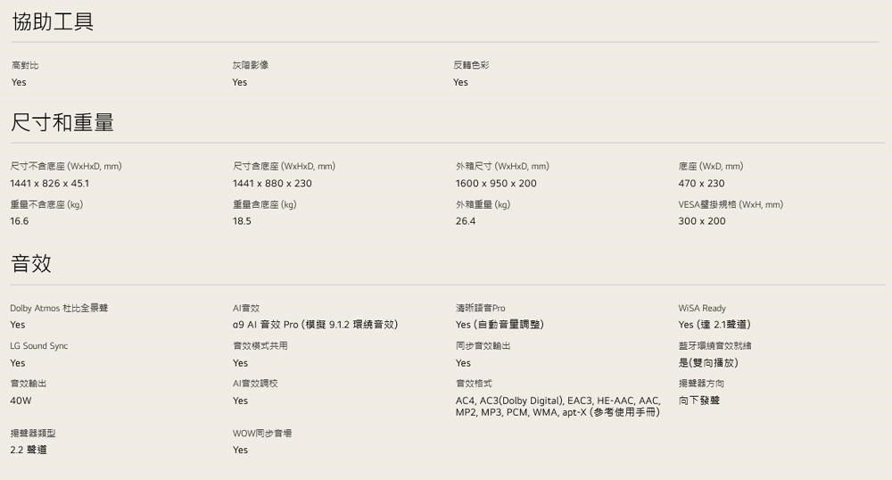 協助工具高對比Yes尺寸和尺寸底座xD mm1441 x 826x45.1重量不底座(kg16.6灰階影像Yes反轉色彩Yes尺寸含底座 (WxHxD mm1441 x 880x230重量含底座(kg)18.5外箱尺寸(WxHxD, mm)1600x950x200外箱重量(kg)26.4底座 (WxD) mm)470x230VESA壁掛規格(WxH) mm)300x200輸出Dolby Atmos 杜比清晰ProYes   Pro (9.1.2環繞音效)Yes ()LG Sound SyncYes音效輸出共用YesYes40W類型2.2 聲道WOW同步YesYes音效AC4, AC3(Dolby Digital), EAC3, HE-AAC, AAC,MP2, MP3, PCM, WMA, apt-(参考使用手冊) ReadyYes (達 2.1聲道)藍牙環繞音效是(雙向播放)揚聲器方向向下發聲