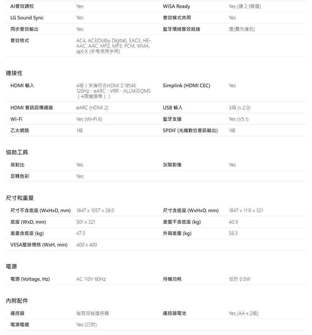 AI音效調校YesLG Sound SyncYes同步音效輸出Yes音效格式連接性HDMI 輸入HDMI 音訊回傳通道Wi-Fi乙太網路AC4, AC3Dolby Digital, EAC3, HE-AAC, AAC, MP2, MP3, PCM, WMA,apt-X (參考使用手冊 Ready音效模式共用Yes (達 2.1聲道)Yes藍牙環繞音效就緒()Simplink (HDMI CEC)Yes4組(支援符合HDMI 2.1的4K120Hz、eARC、VRR、ALLM及QMS(4個連接))eARC (HDMI 2)Yes (Wi-Fi 6)USB 輸入1組3組 ()藍牙支援Yes (V5.1)SPDIF (光纖數位音訊輸出)1組協助工具高對比Yes灰階影像Yes反轉色彩Yes尺寸和重量尺寸不含底座(WHD, mm) 1847x1057 x 28.0尺寸含底座(xD, mm)1847 x 1115 x 321底座(, mm)501 x 321重量不含底座(kg)40.9重量含底座(kg)47.5外箱重量(kg)56.3VESA壁掛規格(WxH) mm)400x400電源電源 (Voltage, Hz)AC 110V 60Hz待機功耗低於0.5W內附配件遙控器智慧滑鼠遥控器遙控器電池Yes (AA x 2組)電源電纜Yes (已附)