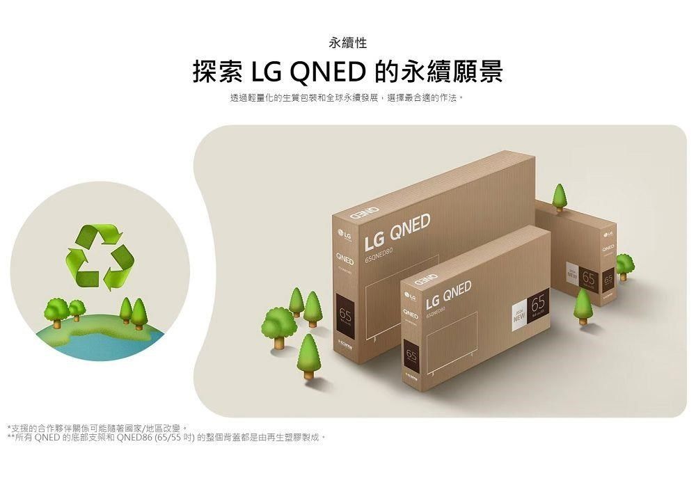 永續性探索 LG QNED 的永續願景透過輕量化的生質包裝和全球永續發展,選擇最合適的作法*支援的合作夥伴關係可能隨著國家/地區改變。**所有 QNED 的底部支架和 QNED86(/55)的整個背蓋都是由再生塑膠製成。LG QNED65LG QNED6565