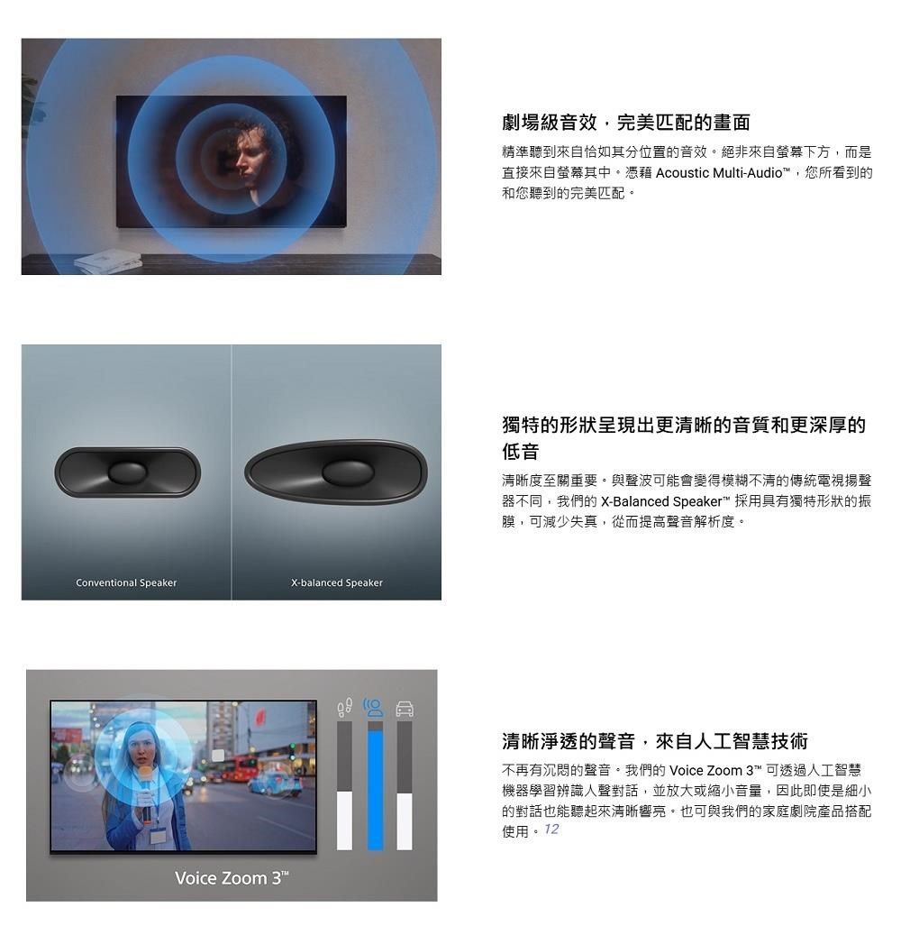 Conventional SpeakerX-balanced Speaker劇場級音效,完美匹配的畫面精準聽到來自恰如其分位置的音效絕非來自螢幕下方,而是直接來自螢幕其中 Acoustic Multi-Audio™,您所看到的和您聽到的完美匹配獨特的形狀呈現出更清晰的音質和更深厚的低音清晰度至關重要。與聲波可能會變得模糊不清的傳統電視揚聲器不同,我們的 X-Balanced Speaker™ 採用具有獨特形狀的振膜,可減少失真,從而提高聲音解析度。Voice Zoom 3清晰淨透的聲音,來自人工智慧技術不再有的聲音。我們的 Voice Zoom 3™ 可透過人工智慧機器學習辨識人聲對話,並放大或縮小音量,因此即使是細小的對話也能聽起來清晰響亮。也可與我們的家庭劇院產品搭配使用。 12