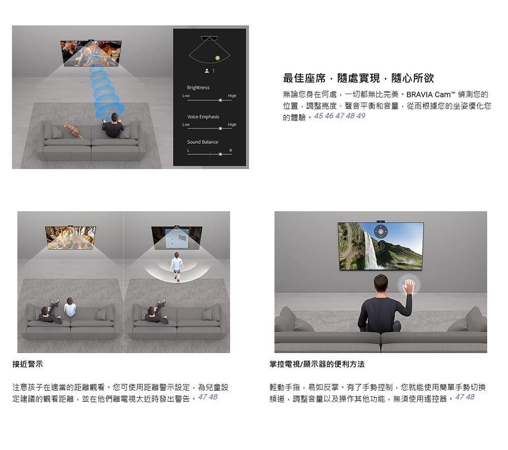 最佳座席,隨處實現,隨心所欲BrightnessHighVoice Emphasis無論您身在何處,一切都無比完美。BRAVIA Cam 偵測您的位置,調整亮度聲音平衡和音量,從而根據您的坐姿優化您的體驗。45 46 47 48 49HighSound BalanceR接近警示注意孩子在適當的距離觀看。您可使用距離警示設定,為兒童設定建議的觀看距離,並在他們離電視太近時發出警告。47 48掌控電視/顯示器的便利方法輕動手指,易如反掌。有了手勢控制,您就能使用簡單手勢切換頻道,調整音量以及操作其他功能,無須使用遙控器。4748