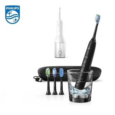 PHILIPS 飛利浦 鑽石靚白智能音波震動牙刷(HX9924/12) 黑+X型水流電動沖牙機 (HX3826/31)白