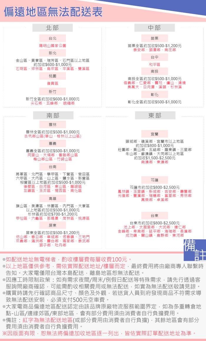 地區無法配送表北部台北陽明山家公園新北金山區貢寮區瑞芳區石門區以上地區約加收$600$1000元石碇區坪區來區平溪區雙溪區桃園復興區新竹新竹全區約加收$600$1000元尖石鄉五峰鄉 峨嵋鄉南部林中部苗栗苗栗全區約加收$500-$1200元泰安鄉獅潭鄉南庄鄉台中和平區南投南投全區約加收$500-$1000元信義鄉仁愛鄉霧社廬山清境奧萬大溪頭杉林溪彰化彰化全區約加收$500-$1000元東部雲林全區約加收$500-$1,000元古坑鄉山區(華山-桂林以上山區嘉義嘉義全區約加收$500-$1,000元阿里山 - 大埔鄉番路鄉山區梅山鄉山區竹崎山區台南將軍區北門區學甲區下營區官田區六甲區大內區山上區鹽水區新營區柳營區以上地區約加收$500-$1,000元後壁區白河區東山區龍崎區左鎮區玉井區楠西區南化區高雄宜蘭頭城鄉礁溪鄉宜蘭市以上地區約加收$800-$1,000元壯圍鄉、員山鄉、五結鄉、羅東鎮、三星鄉冬山鄉、蘇澳鎮、大同鄉以上地區約加收$1,500-$2,500元南澳鄉、東澳鄉花蓮花蓮市約加收$800-$2,500元鳳林鎮、玉里鎮、新城鄉、吉安鄉、壽豐鄉光復鄉、豐濱鄉、瑞穗鄉、里鄉、秀林鄉萬榮鄉、卓溪鄉旗山區、美濃區、林園區、內門區、大寮區以上地區約加收$500-$1,000元杉林區約加收$700-$1,200元甲仙區、六龜區、那瑪夏、茂林區、桃源區屏東屏東全區約加收$500-$1,200元坊山鄉、春日鄉、車城鄉、恆春鎮、三地門來義鄉、滿洲鄉、霧台鄉、瑪家鄉、泰武鄉獅子鄉、牡丹鄉台東台東市約加收$800-$2,500元池上鄉、太麻里鄉、大武鄉、達仁鄉金峰鄉、卑南鄉,延平鄉、海瑞鄉、長濱鄉成功鎮、關山鎮、鹿野鄉、東河鄉如配送地址無電梯者,酌收樓層費每層收費100元,備註@ 以上地區僅供參考,需實際配送地址/樓層而定,最終費用將由廠商專人聯繫時告知大家電僅限台灣本島配送,離島地區恕無法配送應工時限制政策如有需求//例假日配送等特殊需求,請先行透過客服詢問廠商確認,可能需酌收相關費用或無法配送,如實為無法配送敬請見諒。購買時請先行確認商品尺寸、顏色及外觀,若送貨人員到府發現商品不符需求導致無法配送安裝,必須支付500元空車費。*大家電商品地區配送認定由該品牌原廠物流服務範圍界定,如為多重轉倉地點-山區/邊緣郊區/東部地區,費用須由消費者自行負擔費用。*備註紅字為無法配送地區(或部分費用由消費者自行負擔)。其餘地區部分費用須由消費者自行負擔費用。因版面有限,恕無法將偏遠加收地區逐一。國依實際訂單配送地址為準。