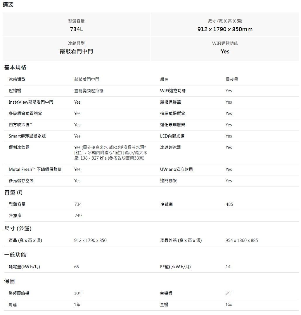 摘要整體容量基本規格冰箱類型734L冰箱類型敲敲看門中門尺寸X高X深9121790x850mmWFI控功能Yes敲敲看門中門顏色星夜黑壓縮機直驅變頻壓縮機WiFi遠控功能YesInstaView敲敲看門中門Yes魔術保鮮蓋Yes多變組合式置物盒Yes四方吹冷流+Yes抽屜式保鮮盒強化玻璃層架Smart鮮淨過濾系統Yes便利冰飲霸Yes (需外接自來水 或RO逆渗透等水源*[註1],冰箱內附濾心*[註1] 最小/最大水壓: 138 - 827 kPa(參考說明書第38頁)LED內部光源冰球製冰器ཚེ ཚེ ཚེ ཚེ Meta Fresh™ 不鏽鋼保鮮壁Yes多元儲存空間YesUVnano安心飲用Yes邊門棚架Yes容量(l)整體容量734冷藏室485冷凍庫249尺寸(公釐)產品(寬x高x深)912 x 1790 x 850產品外箱 (寬x高x深)954x1860x885一般功能耗電量(kW.h/月)65EF值(I/kW.h/月)14保固變頻壓縮機10年主機板3年馬達1年全機1年