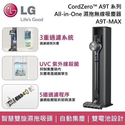 【南紡購物中心】5/31前加贈獨家好禮LG CordZeroThinQ A9T All-in-One濕拖無線吸塵器(夜幕灰) A9T-MAX