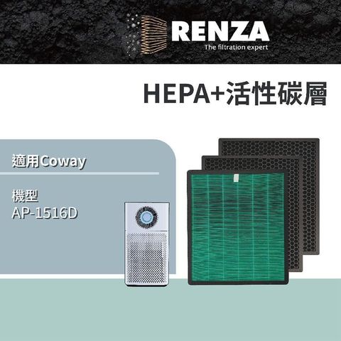 【南紡購物中心】 RENZA濾網 適用Coway AP-1516D 綠净力噴射循環空氣清净機 HEPA活性碳 濾芯  兩年份 耗材