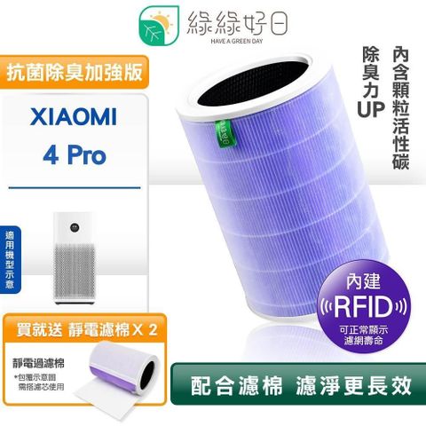 綠綠好日 【南紡購物中心】  RFID版 小米副廠濾芯濾網 4Pro 抗菌除臭加強版 單入組 贈過濾綿