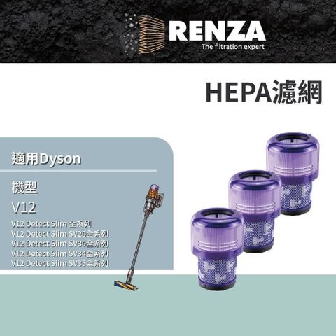 【南紡購物中心】 RENZA濾網 適用 Dyson 戴森 吸塵器 V12 HEPA濾網 3入組 替代 971517-01