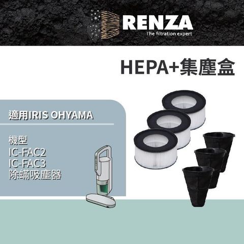 RENZA 【南紡購物中心】 適用 IRIS OHYAMA 愛麗思歐雅瑪 IC-FAC2 IC-FAC3 除蟎吸塵器 HEPA+集塵盒 3入組