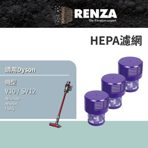 【南紡購物中心】 RENZA濾網 適用 Dyson 戴森 吸塵器 V10 SV12 HEPA濾網 3入組 替代 969082-01 集塵濾網