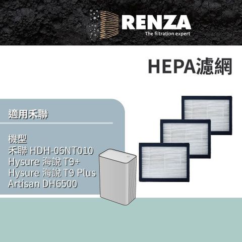 RENZA 【南紡購物中心】 適用 禾聯 HERAN HDH-06NT010 海說 T9+ T9 Plus Artisan DH6500 HEPA濾網 3入組