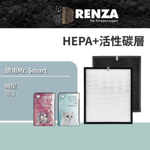 【南紡購物中心】RENZA 適用 Mr. Smart 零.8 空氣清淨機 HEPA+活性碳濾網 MRSMART 濾芯