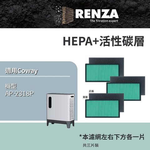 【南紡購物中心】RENZA濾網 適用 Coway AP-2318P 綠淨力三重防禦空氣清淨機 高效抗菌HEPA+活性碳濾網
