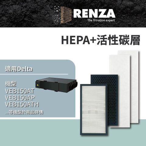 RENZA 【南紡購物中心】 適用 Delta 台達電 全熱交換器 VEB150AT/250AT 初效/活性碳/HEPA濾網4件一組 濾芯