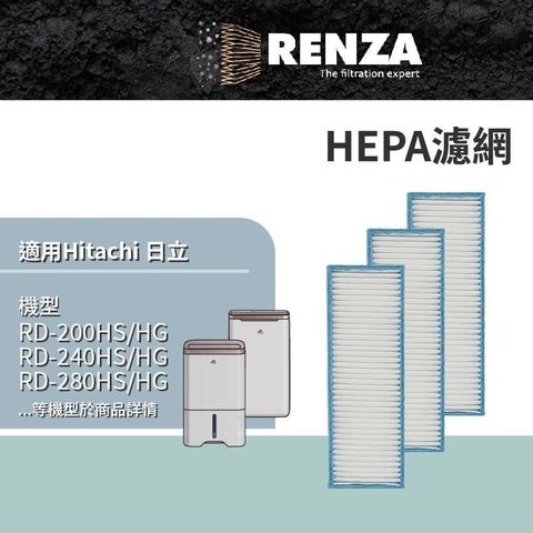 RENZA 適用Hitachi 日立專用 型號HS/HG/FQ/FR/BQ/BR結尾 除濕機 HEPA濾網 3入組