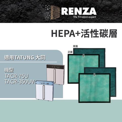 【南紡購物中心】 RENZA適用 TATUNG 大同 TACR-75U TACR-350UV 多重功能空氣清淨機 HEPA+活性碳 濾網 濾芯 濾心 2入組