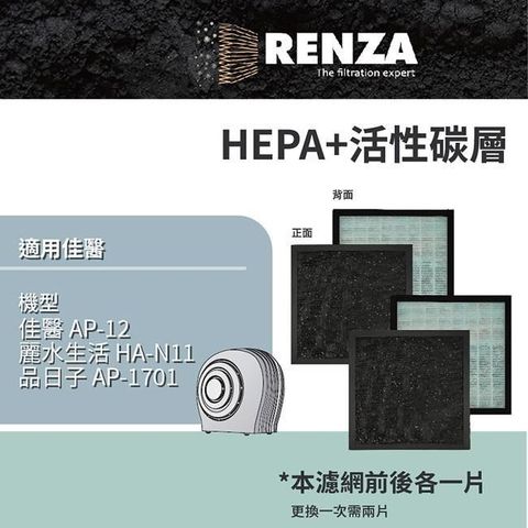 RENZA 【南紡購物中心】 適用 佳醫 AP-12 品日子 AP-1701 麗水生活 HA-N11 空氣清淨機 HEPA+活性碳 濾網 濾芯 濾心 2入組