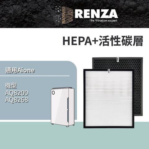 RENZA適用 Aione AQ8200 AQ8268 智慧型抗敏無線WiFi 觸控空氣清淨機 HEPA+活性碳 濾網