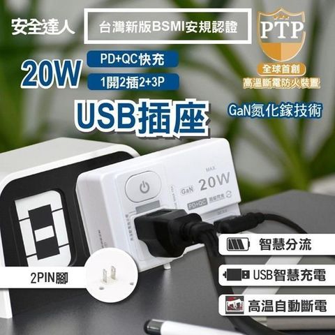 【安全達人】氮化鎵GaN 1開2插2+3P 20W USB超級閃充壁插 R-81PLC