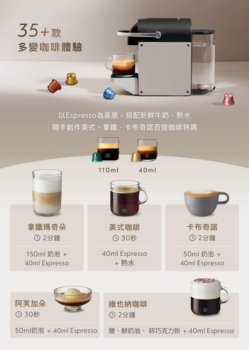 35+款多變咖啡體驗以Espresso 為基底,搭配新鮮牛奶、熱水隨手創作美式、拿鐵、卡布奇諾百變咖啡特調110ml40ml拿鐵瑪奇朵美式咖啡卡布奇諾 2分鐘 30秒 2分鐘150ml 奶泡+40ml Espresso50ml奶泡 +40ml Espresso+ 熱水40ml Espresso阿芙加朵① 30秒維也納咖啡① 2分鐘50ml奶泡+40ml Espresso糖、鮮奶油、碎巧克力粉+40ml Espresso