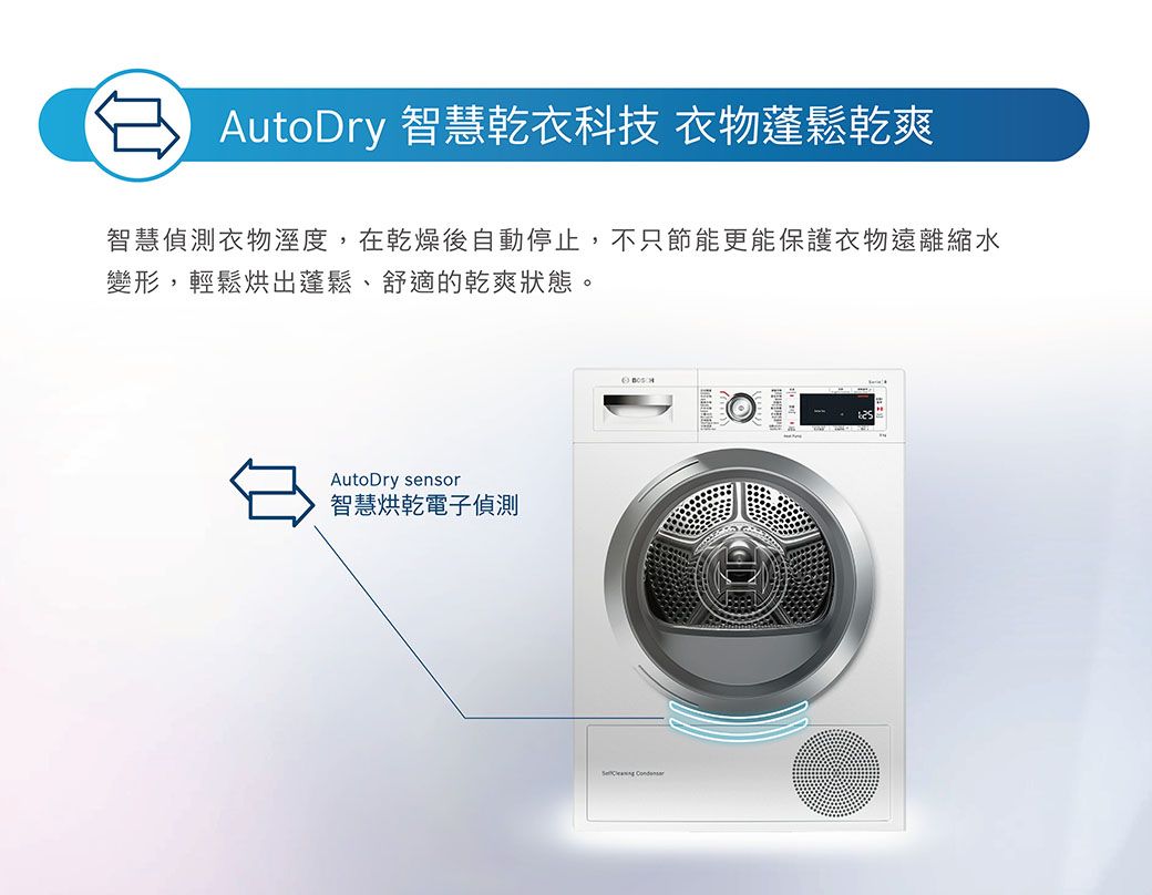 AutoDry 智慧乾衣科技 衣物蓬鬆乾爽智慧偵測衣物溼度,在乾燥後自動停止,不只節能更能保護衣物遠離縮水變形,輕鬆烘出蓬鬆、舒適的乾爽狀態。AutoDry sensor智慧烘乾電子偵測