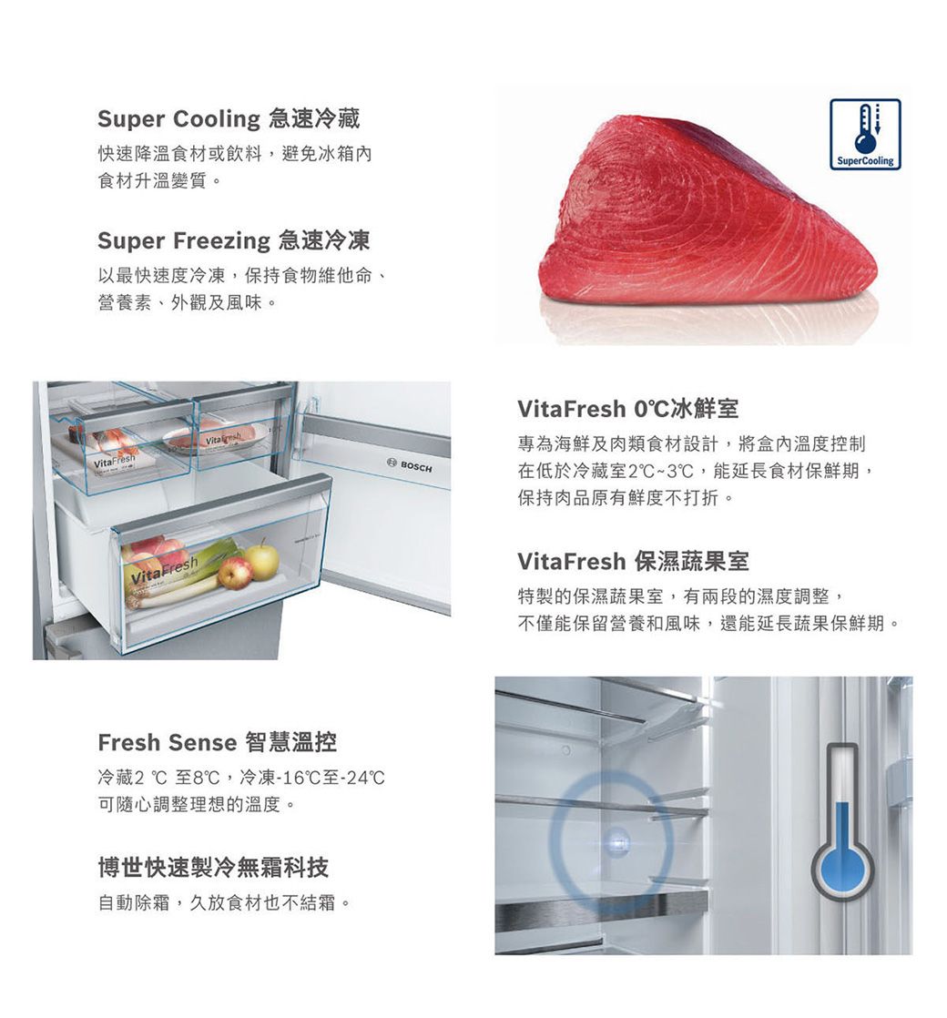 Super Cooling 急速冷藏快速降溫食材或飲料,避免冰箱內食材升溫變質。Super Freezing 急速冷凍以最快速度冷凍,保持食物維他命、營養素、外觀及風味。VitaFresh 冰鮮室SuperCoolingVitaFreshBOSCH專為海鮮及肉類食材設計,將盒內溫度控制在低於冷藏室2~3,能延長食材保鮮期,保持肉品原有鮮度不打折。VitaFreshFresh Sense 智慧溫控冷藏2  至8,冷凍-16℃至-24℃可隨心調整理想的溫度。博世快速製冷無霜科技自動除霜,久放食材也不結霜。VitaFresh 保濕蔬果室特製的保濕蔬果室,有兩段的濕度調整,不僅能保留營養和風味,還能延長蔬果保鮮期。