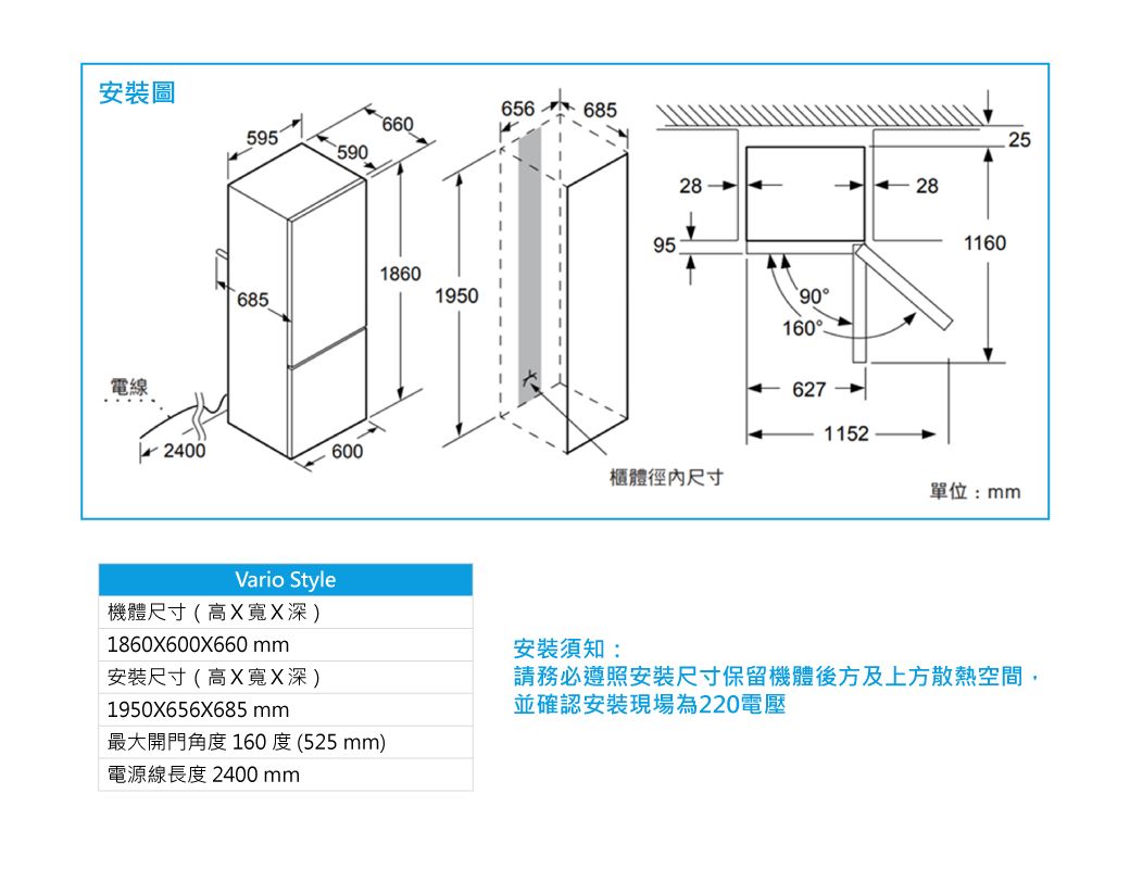 安裝圖65668566059559018606851950952528 28901601160電線62711522400 600櫃體徑尺寸單位:mmVario Style機體尺寸(高寬X深)1860X600X660 mm安裝尺寸(高X寬X深)1950X656X685 mm最大開門角度 160度(525mm)電源線長度 2400mm安裝須知:請務必遵照安裝尺寸保留機體後方及上方散熱空間,並確認安裝現場為220電壓