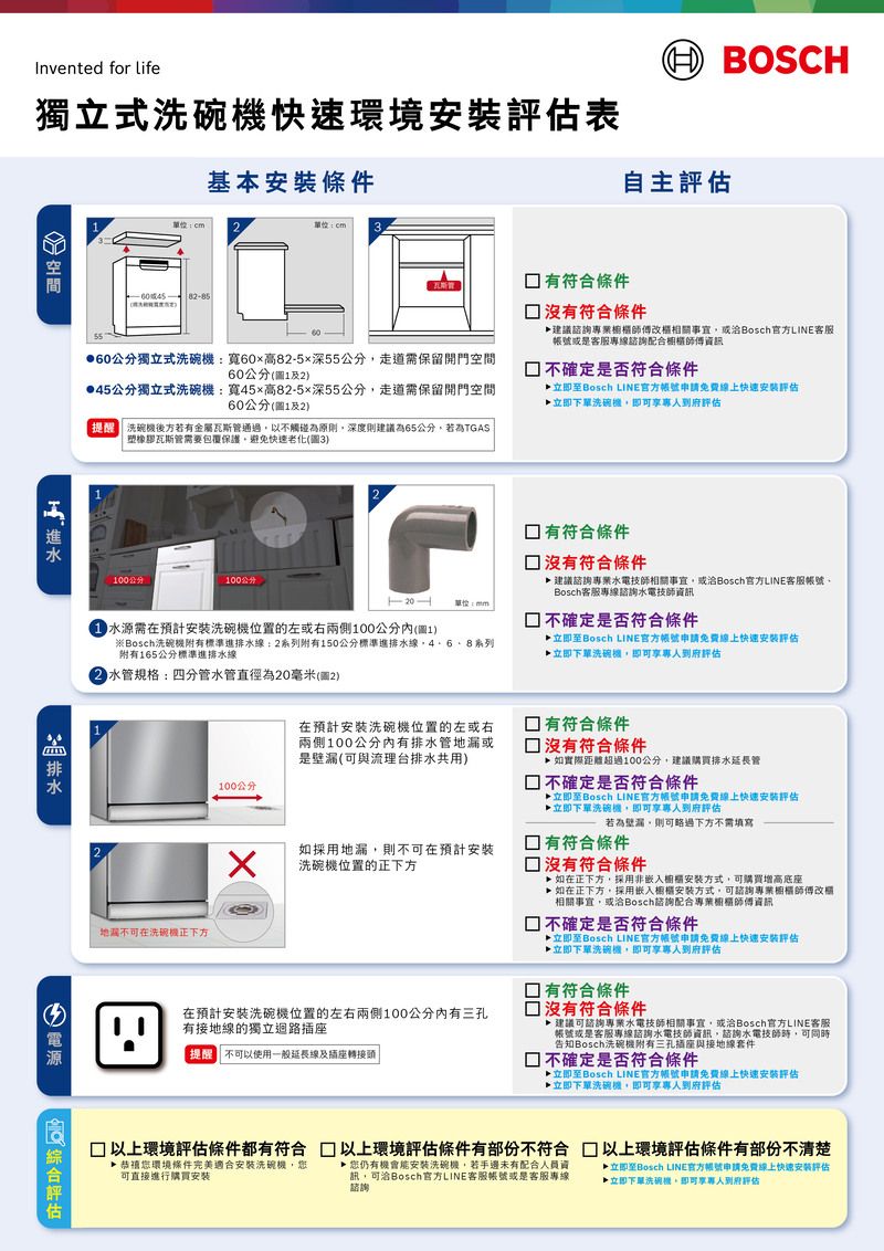 Invented for lifeBOSCH獨立式洗碗機快速表基本安装條件自主評估2單位382-85 有符合條件60公分獨立式洗碗機寬6082-5深55公分走道需保留開門空間60公分及245公分獨立式洗碗機:寬45高82-5深55公分走道需保留開門空間60公分(及2)洗碗機後方若有金屬瓦斯管通過以不觸碰原則深度則建議為65公分若為TGAS橡膠瓦斯管需要包覆保護避免快速老化(3)符合條件建議師傅改相事宜BoschLINE客服或是客服專線諮詢配合師傅資訊 不確定是否符合條件立即Bosch LINE申請免費線上快速安裝評估立即下單洗碗機到府評估2有符合條件 符合條件00公分100公升1 單位:mm需在預計安装洗碗機位置的左或右兩側100公分(1)※Bosch洗碗機附有標準線:2系列附有150公分標準進線系列附有165公分標準進排水線 水管規格:四分管水管直徑為20毫米(圖2)建議諮詢專業水電技師相關事宜Bosch官方LINE客服帳號Bosch客服專線諮詢水電技師資訊 不確定是否符合條件立即至Bosch LINE官方帳號申請免費線上快速安裝評估立即下單洗碗機,即可享專人到府評估:排水在預計安裝洗碗機位置的左或右兩側100公分內有排水管或是壁(可與流理台排水共用)有符合條件沒有符合條件 如實際距離超過100公分,建議購買排水延長管 不確定是否符合條件立即至Bosch LINE官方帳號申請免費線上快速安裝評估立即下單洗碗機,即可享專人到府評估如在正下方,採用嵌入櫥櫃安裝方式,可諮詢專業櫥櫃師傅改櫃若為塑漏,則可略過下方不需填寫有符合條件如採用地漏,則不可在預計安裝洗碗機位置的正下方沒有符合條件 如在正下方,採用非嵌入櫥關安裝方式,可購買增高底座100公分地漏不可在洗碗機正下方評估在預計安裝洗碗機位置的左右兩側100公分內有三孔有接地線的獨立迴路插座不可以使用一般延長線及插座轉接頭相關事宜,或洽Bosch諮詢配合專業櫥櫃師傅資訊: 不確定是否符合條件立即至Bosch LINE官方帳號申請免費線上快速安裝評估立即下單洗碗機,即可享專人到府評估有符合條件沒有符合條件 建議可諮詢專業水電技師相關事宜,或洽Bosch官方LINE客服帳號或是客服專線諮詢水電技師資訊,諮詢水電技師時,可同時告知Bosch洗碗機附有三孔插座與接地線套件 不確定是否符合條件▶立即至Bosch LINE官方帳號申請免費線上快速安裝評估▶立即下單洗碗機,即可享專人到府評估 以上環境評估條件都有符合以上環境評估條件有部份不符合以上環境評估條件有部份不清楚▶環境條件完美適合安裝洗碗機,您可直接進行購買安裝▶您仍有能安裝洗碗機,若手邊未有配合人員資訊,可洽Bosch官方LINE客服帳號或是客服專線諮詢▶立即至Bosch LINE官方帳號申請免費線上快速安装評估立即下單洗碗機,即可享專人到府評估