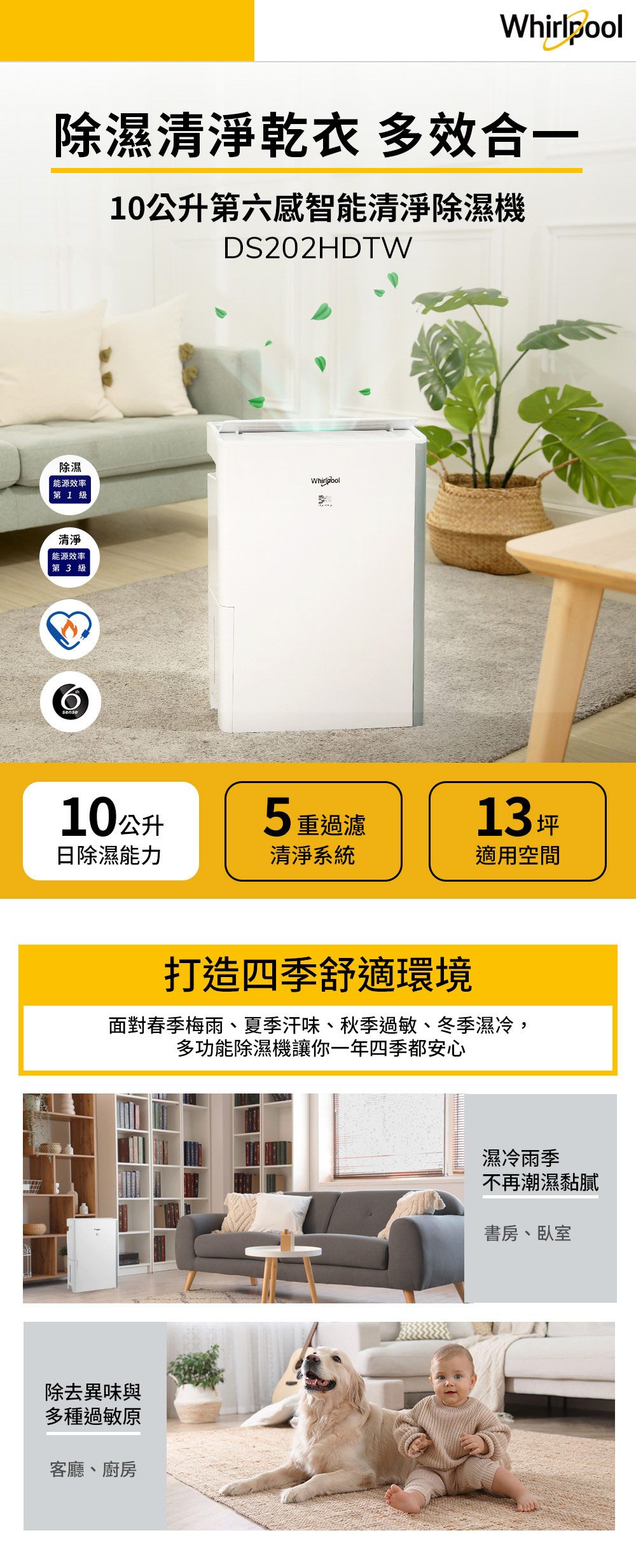 除濕清淨乾衣 多效合一10公升第六感智能清淨除濕機DS202HDTW除濕能源效率第1Whirlpool清淨能源效率第3 級sense5重過濾13坪適用空間10公升日除濕能力清淨系統打造四季舒適環境面對春季梅雨、夏季汗味、秋季過敏、冬季濕冷,多功能除濕機讓你一年四季都安心除去異味與多種過敏原客廳、廚房濕冷雨季不再潮濕黏膩書房、臥室