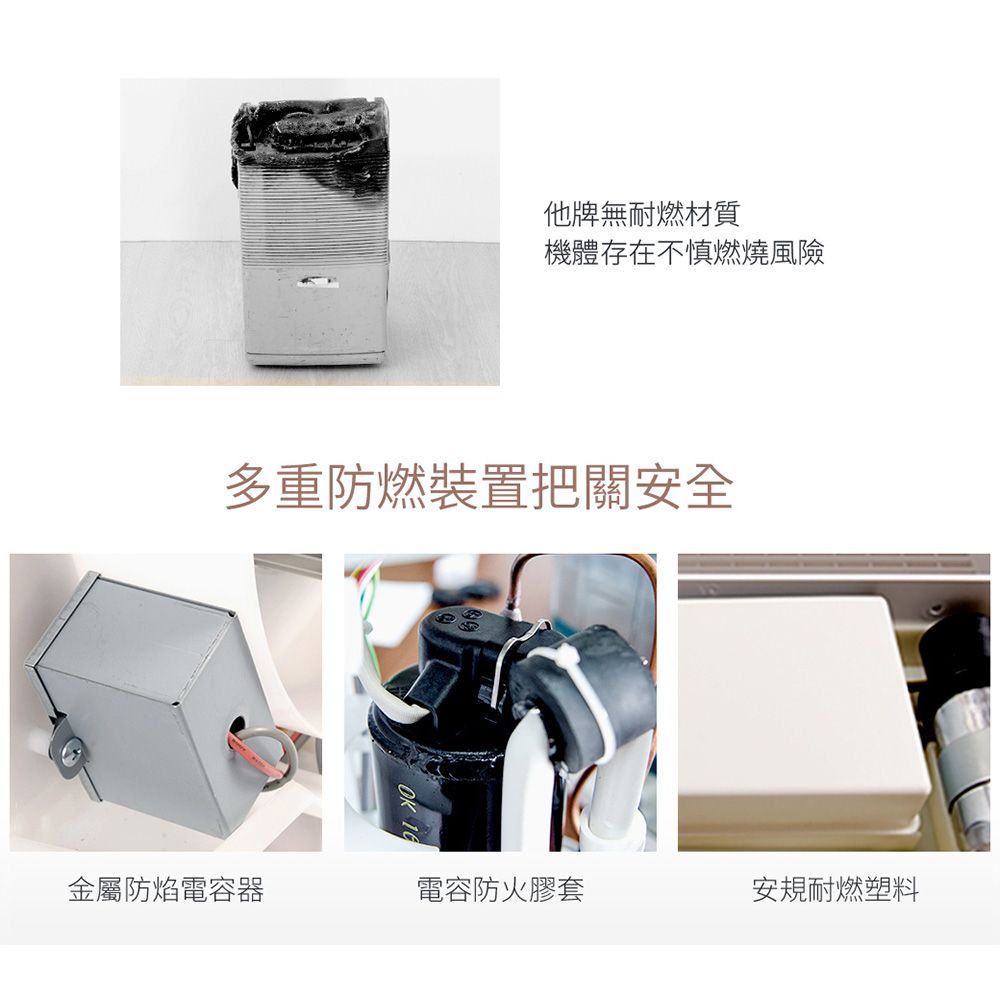 他牌無耐燃材質機體存在不慎燃燒風險多重防燃裝置把關安全金屬防焰電容器電容防火膠套安規耐燃塑料