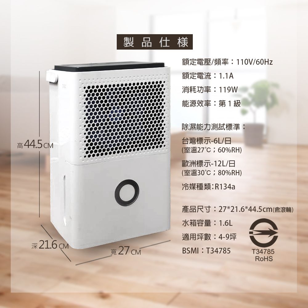高44.5製品仕様額定電壓/頻率110V/60Hz額定電流1.1A消耗功率:119W能源效率:第1級除濕能力測試標準:台灣標示-6L/日(室溫27:60%RH)歐洲標示-12L/日(室溫30:80%RH)冷媒種類:R134a產品尺寸:27*21.6*44.5cm(含滾輪)水箱容量:1.6L適用坪數:4-9坪深21.6 C M寬BSMI:T34785T34785RoHS