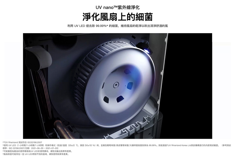 UV nano™紫外線淨化淨化風扇上的細菌利用 UV LED 燈去除99.99%*的細菌維持風扇的乾淨以吹出清淨舒適的風*TÜV Rheinland 测试 ISO221962007*使用 UV LED(1小1小時關1小)和操作模式(低速/溫度(252) ,濕度 (50±10) %)時,金黄色葡萄球菌/表皮葡萄球菌/大腸桿菌效果 99.99%,效能通過TUV Rhienland Korea Ltd測試機構進行的內部測試驗證(參考測試標準:ISO 22196:2007/日期:2021-06-29-2021-07-20)*可能會因為產品的使用環境或UV LED的使用壽命,導致光輸出效果有差異。*風扇表面可能存在一些 UV LED照射不到的,導致使用效果有差異。