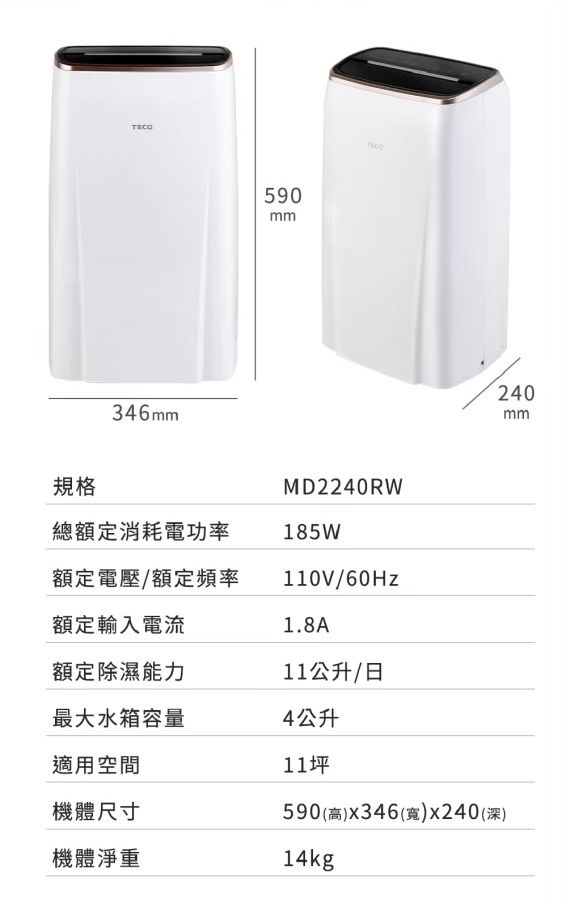 346mm590mm240mm規格總額定消耗電功率額定電壓/額定頻率額定輸入電流額定除濕能力MD2240RW185W110V/60Hz1.8A11公升/日最大水箱容量4公升適用空間機體尺寸機體淨重11坪590(高)()x240(深)14kg