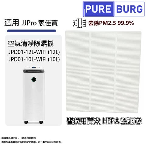 PUREBURG 適用 JJPro家佳寶JPD01-12L-WIFI JPD01-10L-WIFI智慧型空氣清淨除濕機HEPA濾網濾芯