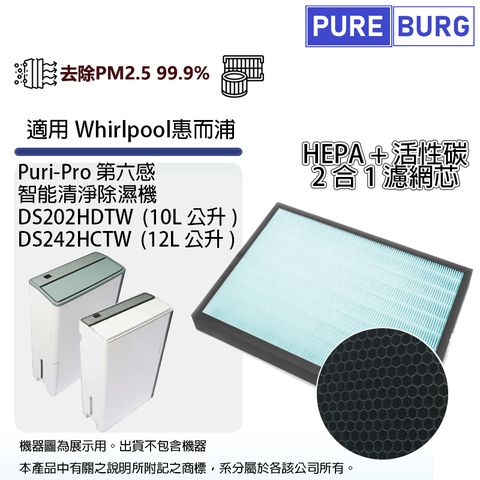 PUREBURG 適用Whirlpool惠而浦DS202HDTW DS242HCTW第六感智能清淨除濕機2合1 HEPA+活性碳濾網濾芯 ADS003