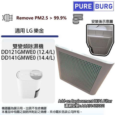 適用樂金LG雙變頻除濕機DD121MWE0 DD141MWE0 加強型外掛外框高效HEPA濾網濾芯 AAA31413001