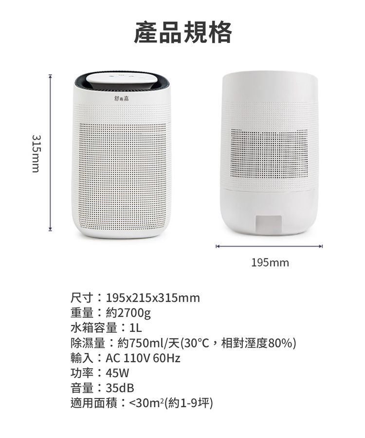 315mm產品規格舒嘉195mm尺寸:195x215x315mm重量:約2700g水箱容量:1L除濕量:約750ml/天(30,相對溼度80%)輸入:AC 110V 60Hz功率:45W音量:35dB適用面積:30m²(約1-9坪)