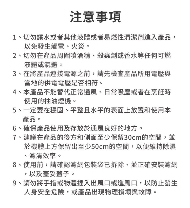 注意事項1切勿讓水或者其他液體或者易燃性清潔劑進入產品,以免發生觸電、火災。2、切勿在產品周圍噴酒精、殺蟲劑或香水等任何可燃液體或氣體。3、在將產品連接電源之前,請先檢查產品所用電壓與當地的供電電壓是否相符。4、本產品不能替代正常通風、日常吸塵或者在烹飪時使用的抽油煙機。5、一定要在穩固、平整且水平的表面上放置和使用本產品。6、確保產品使用及存放於通風良好的地方。7、建議在產品的後方和側面至少保留30cm的空間,並於機體上方保留出至少50cm的空間,以便維持除濕、濾清效率。8、使用前,請確認濾網包裝袋已拆除、並正確安裝濾網,以及蓋妥蓋子。9、請勿將手指或物體插入出風口或進風口,以防止發生人身安全危險,或產品出現物理損壞與故障。