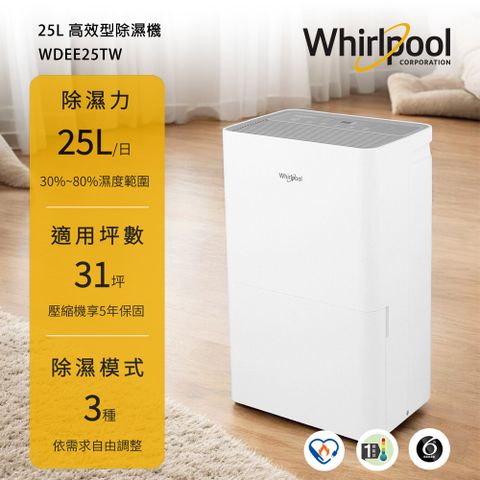 Whirlpool 惠而浦 高效節能除濕型25公升第六感智能除濕機 WDEE25TW (一級能效)