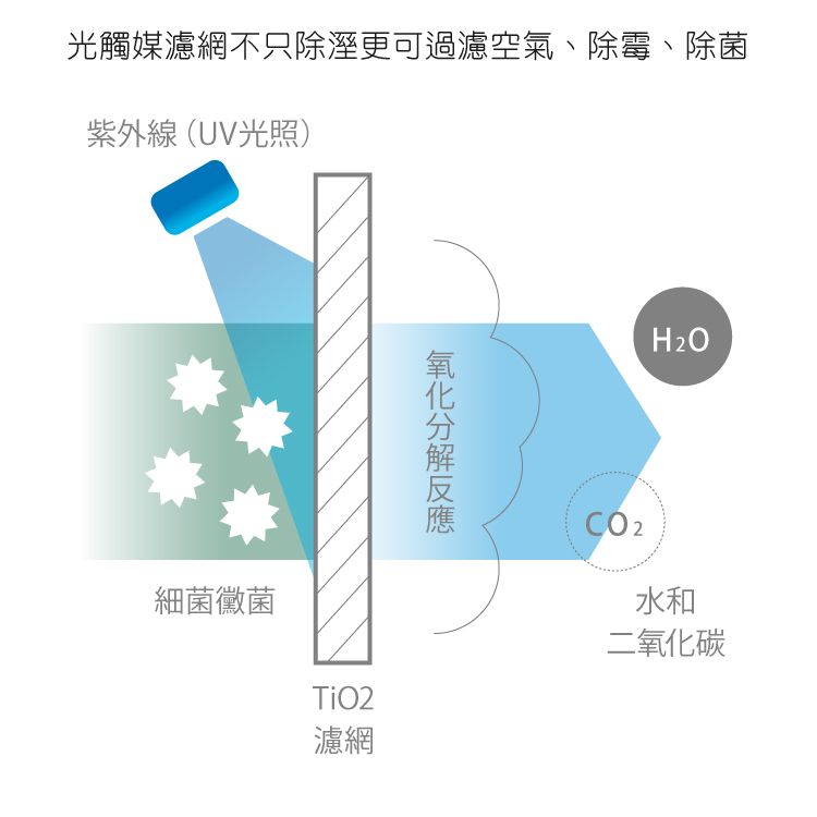 光觸媒濾網不只除溼更可過濾空氣、除霉、除菌紫外線(UV光照)細菌黴菌H2OTiO2濾網CO2水和二氧化碳