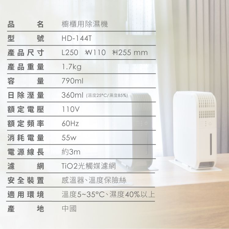 號名 櫥櫃用除濕機HD-144T產品尺寸L250 W110 255 mm產品重量1.7kg容量790ml日除溼量360ml (溫度25/濕度85%)額定電壓110V額定頻率消耗電量55w電源線長約3m濾 網安全裝置TiO2光觸媒濾網感溫器、溫度保險絲適用環境溫度5~35℃、濕度40%以上產地中國