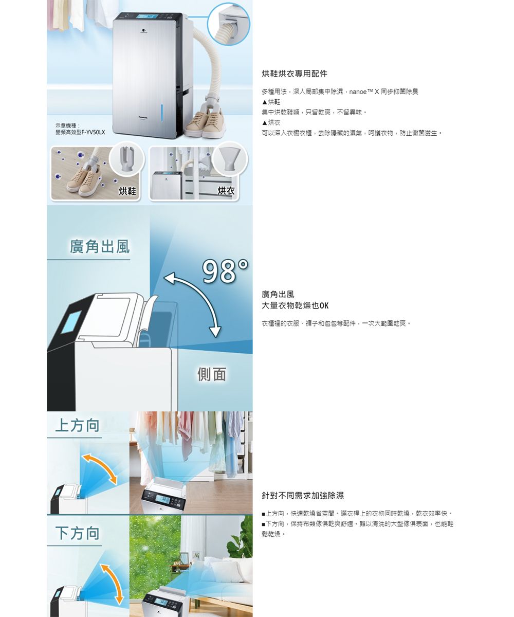 示意機高效型F-YV50LX烘鞋烘衣廣角出風上方向烘鞋烘衣專用配件多種用法深入局部集中除濕nanoe  X 同步抑菌除臭▲烘鞋集中烘乾鞋類,只留乾爽,不留異味烘衣可以深入衣櫥衣櫃,去除隱藏的濕氣,呵護衣物,防止黴菌滋生98廣角出風大量衣物乾燥也OK衣櫃裡的衣服、褲子和包包等配件,一次大範圍乾爽側面下方向針對不同需求加強除濕上方向,快速乾燥省空間。衣桿上的衣物同時乾燥,乾衣效率快。下方向,保持布類乾爽舒適。難以清洗的大型傢俱表面,也能輕鬆乾燥。