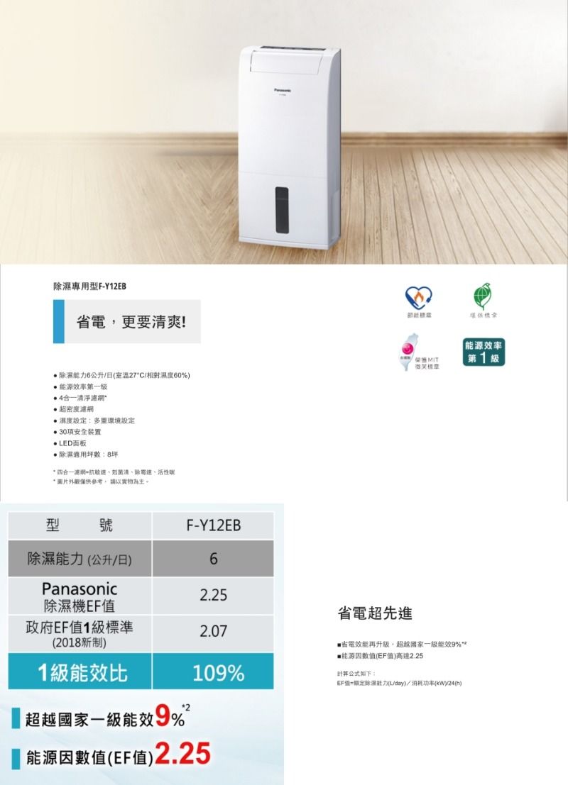 濕專用型FY1EB,更要清爽!能力6公升日室溫27/相對60%第一級清淨濾網密度濾網設:設定安全装置ED面板除濕適用坪數:8坪 四合一濾網-菌清除、活性碳*圖片外觀僅供參考,請實物為主。 效率第1級型號F-Y12EB除濕能力公升/日6Panasonic2.25除濕機EF省電超先進政府EF值1級標準2.07(2018新制)省電效能再升級,超越國家一級能效9%**能源因數值(EF值)高達2.25109%計算公式如下:1級能效比 超越國家一級能效9%2能源因數值(EF值)2.25EF值定除濕能力(L/day)/消耗功率(kW)/24()