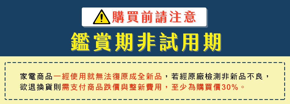 購買前請注意鑑賞期非試用期家電商品一經使用就無法復原成全新品,若經原廠檢測非新品不良,欲退換貨則需支付商品跌價與整新費用,至少為購買價30%。