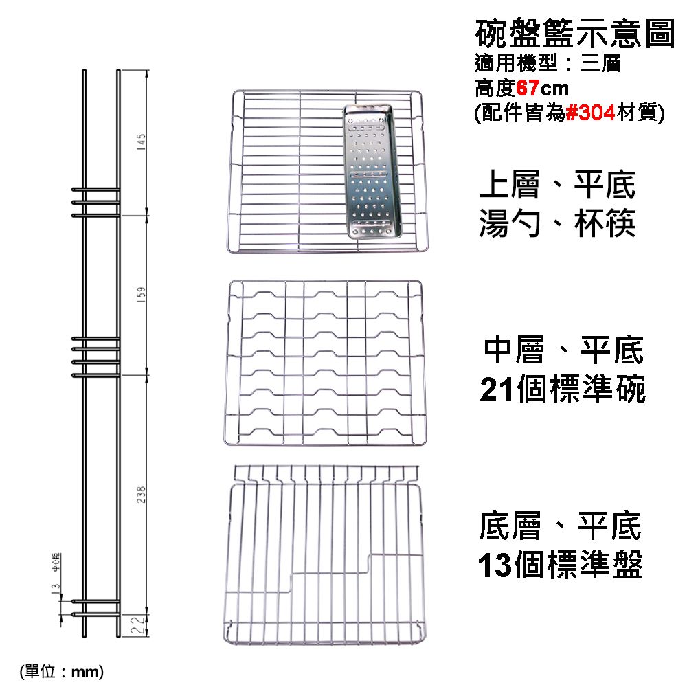 (單位:mm)碗盤籃示意圖適用機型:三層高度67cm(配件皆為#304材質)上層、平底湯勺、杯筷中層、平底21個標準碗底層、平底13個標準盤