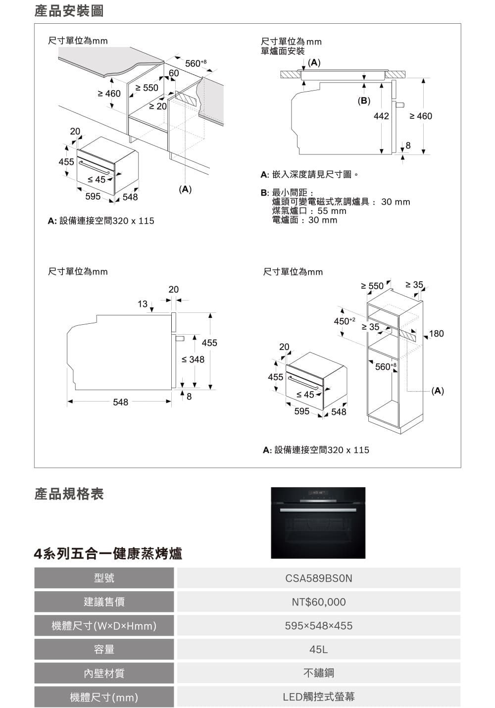 產品安裝圖尺寸單位為0尺寸單位為單爐面安裝560(A)60 550 4604554559554 20A:設備連接空間320x115尺寸單位為mm產品規格表A(B)442 4608A: 嵌入深度請見尺寸圖。(A)B: 最小間距 :爐頭可變電磁式烹調爐具: 30 mm煤氣爐口:55 mm電爐面:30mm尺寸單位為mm 550 35201345520 3484502 351804554585485955484系列五合一健康蒸烤爐型號建議售價機體尺寸()容量內壁材質機體尺寸(mm)A:設備連接空間320x115CSA589BSONNT$60,000595x548x45545L不鏽鋼LED觸控式螢幕5608(A)