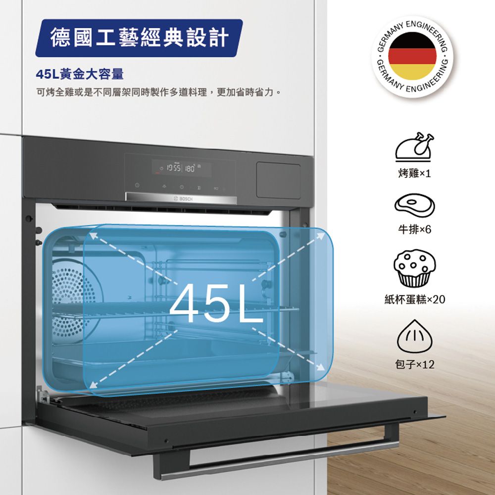 德國工藝經典設計45L黃金大容量可烤全雞或是不同層架同時製作多道料理,更加省時省力。1955 180BOSCH45LGERMANY  INEERINGGINEERING烤雞1牛排6紙杯蛋糕包子×12