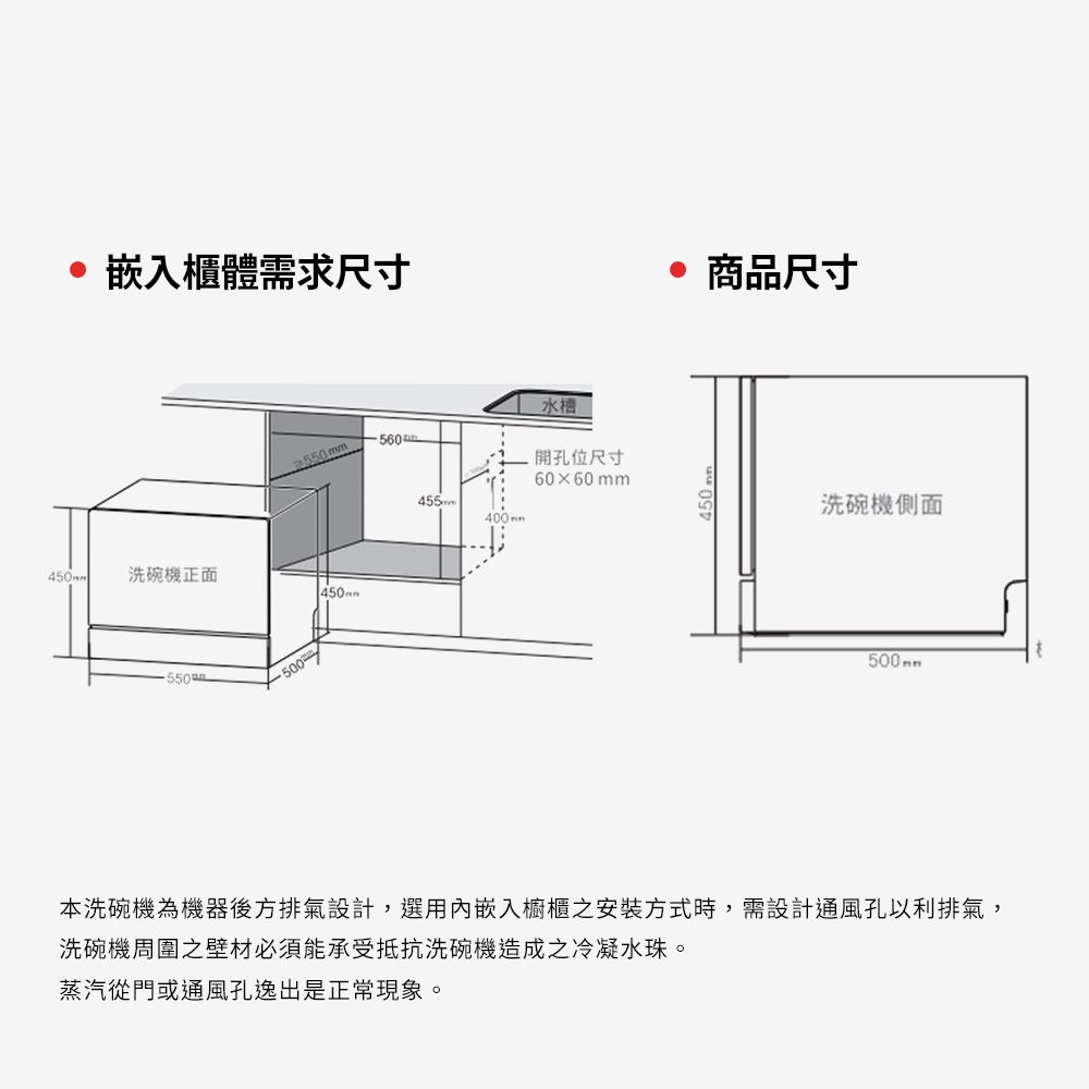 嵌入櫃體需求尺寸l洗碗機正面m500水槽開孔位尺寸60  60 mm455m400mm450m商品尺寸洗碗機500mm本洗碗機為機器後方排氣設計,選用內嵌入櫥櫃之安裝方式時,需設計通風孔以利排氣,洗碗機周圍之壁材必須能承受抵抗洗碗機造成之冷凝水珠。蒸汽從門或通風孔逸出是正常現象。